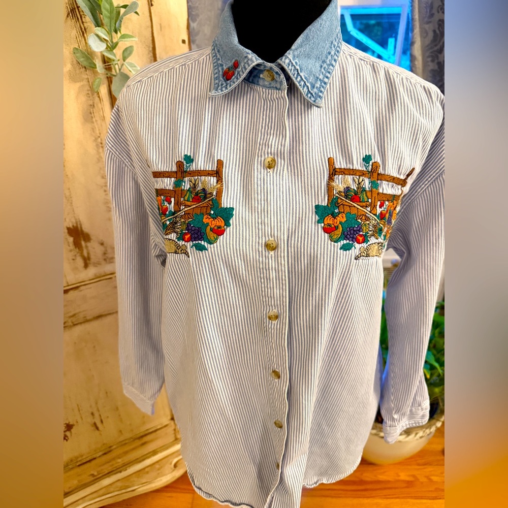 VTG Quizz Again railroad cottagecore stripeshirt w/embroidered autumn details.M
